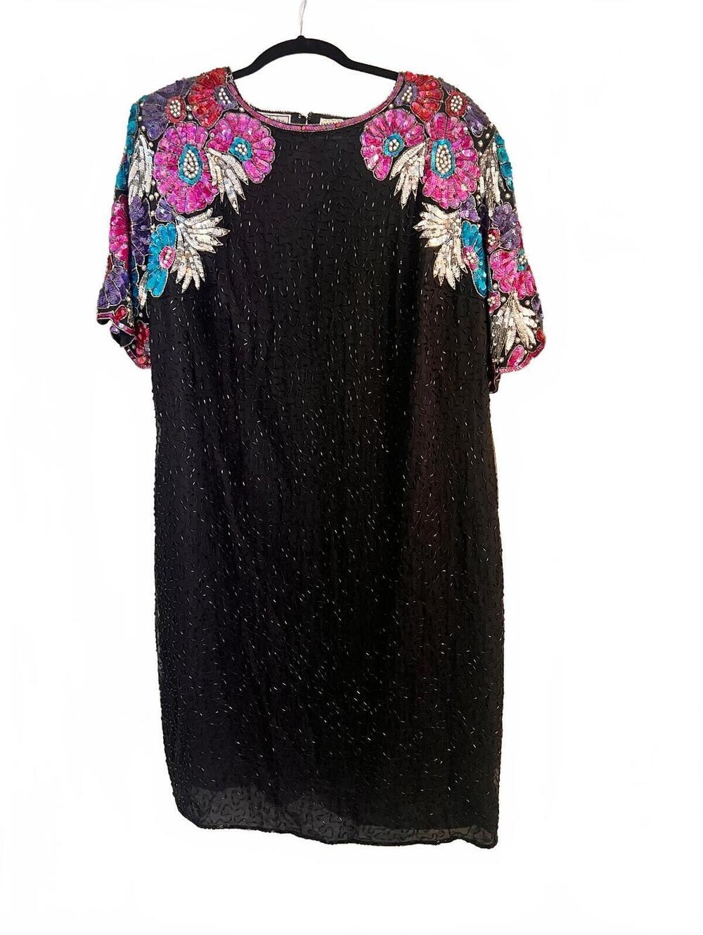 Stenay Plus Vintage Black Silk Dress with Colorful Sequin Floral Embellishments,
